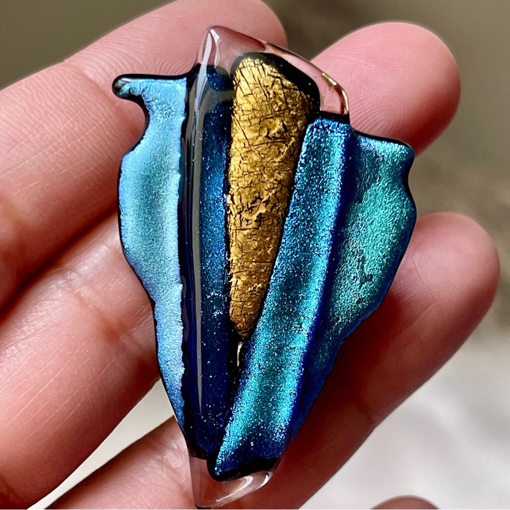 Dichroic Art Glass Blue Gold Iridescent Arrow Head Shape Pendant Brooch Pin